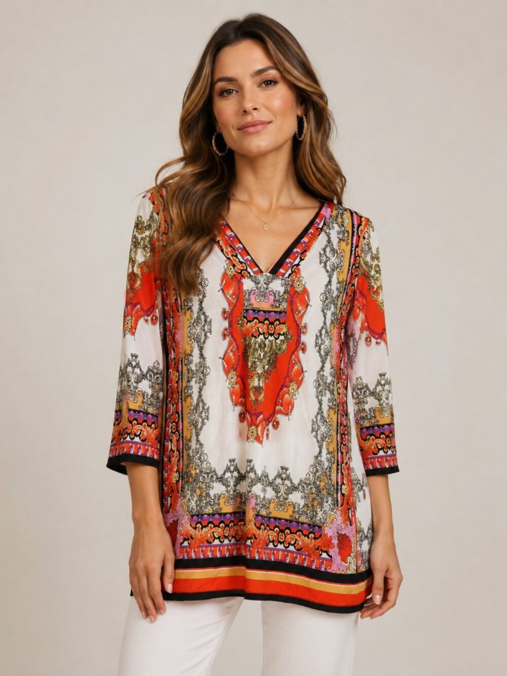 White Mark Couture XXL Baroque Print V-Neck 3/4 Sleeve Tunic Blouse NWT